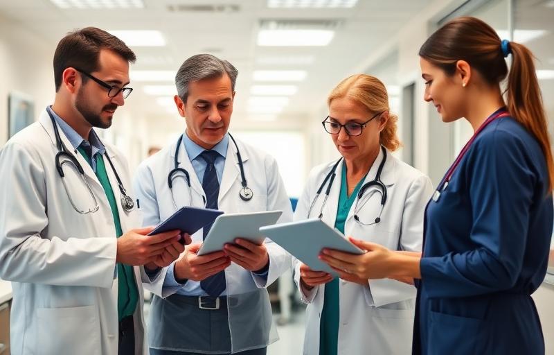 Medical professionals reviewing compliance documentation in modern healthcare facility